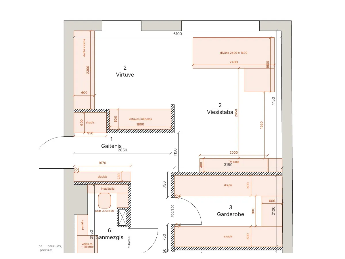 Plānojuma variants ar mēbelēm: virtuve, gaitenis, garderobe
