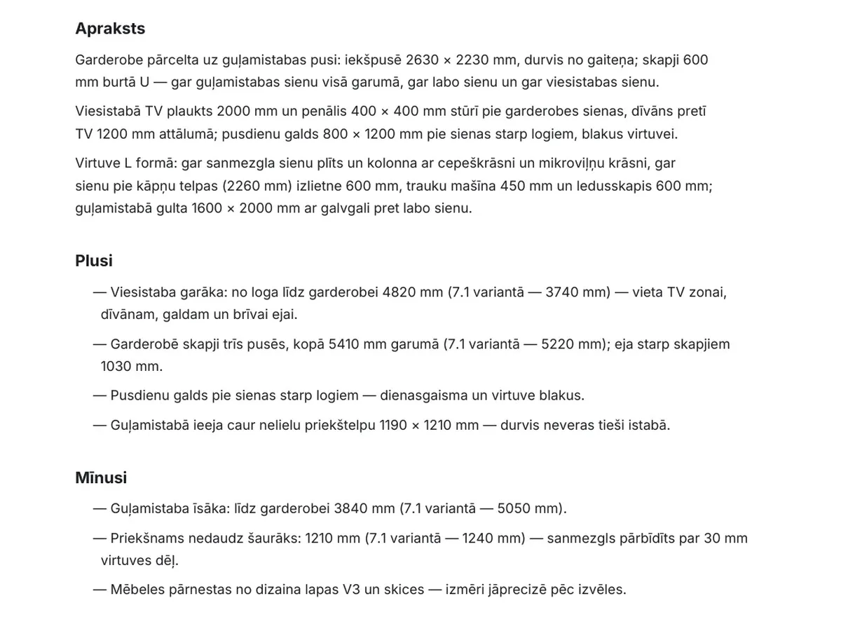 Plānojuma varianta apraksts: plusi un mīnusi milimetros