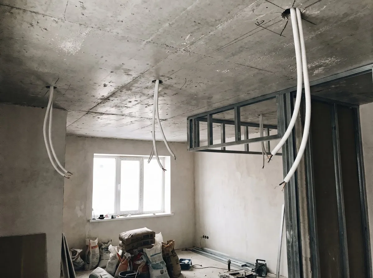 Kabeļu izvadi griestos pirms nosegšanas